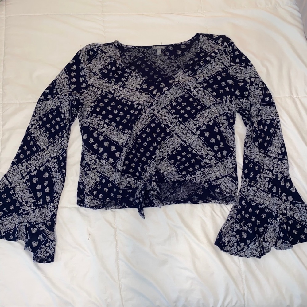 Navy and White paisley bell sleeve shirt